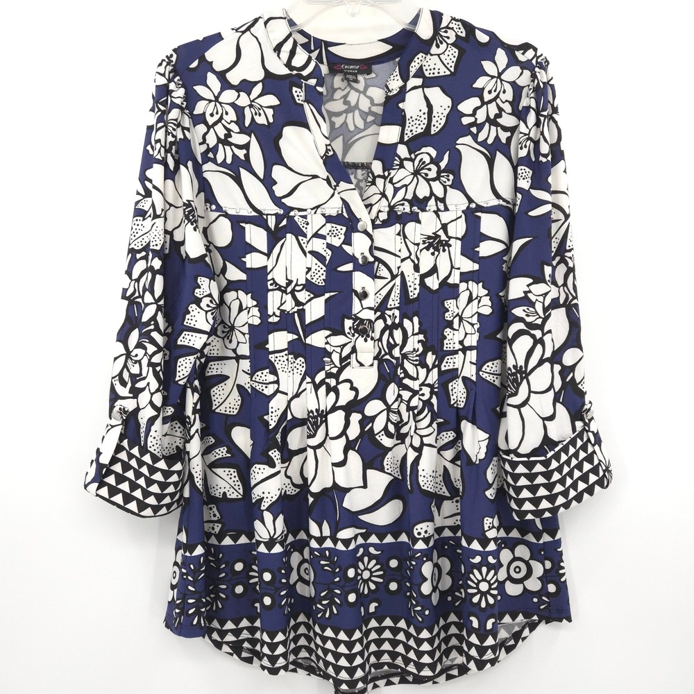 Cocomo Woman Blouse Womens 1X Blue White Floral Studded Pleated 3/4 Sleeve Top